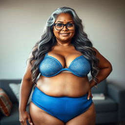 A sensual and voluptuous dusky Indian woman in her 50s, confidently displaying her beauty