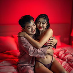 A cozy and intimate scene showcasing a Chinese man in soft, colorful pajamas tenderly hugging a sexy and beautiful woman in a warm, red-lit bedroom
