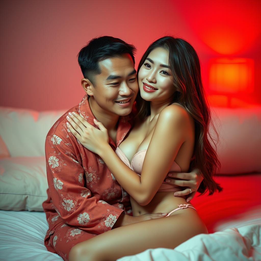 A cozy and intimate scene showcasing a Chinese man in soft, colorful pajamas tenderly hugging a sexy and beautiful woman in a warm, red-lit bedroom