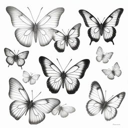 A light black and white graphite pencil drawing, showcasing the delicate intricacy of butterflies