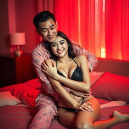 A cozy and intimate scene showcasing a Chinese man in soft, colorful pajamas tenderly hugging a sexy and beautiful woman in a warm, red-lit bedroom