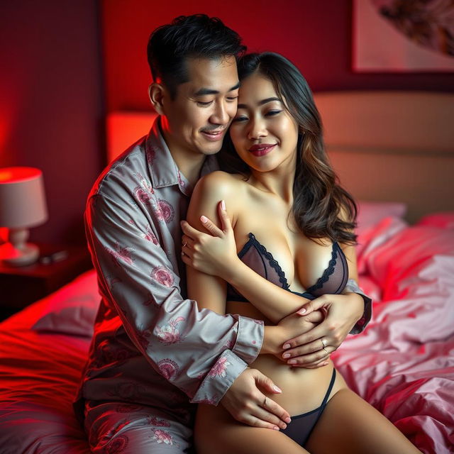 A cozy and intimate scene showcasing a Chinese man in soft, colorful pajamas tenderly hugging a sexy and beautiful woman in a warm, red-lit bedroom