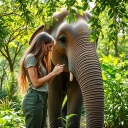 A beautiful young woman gently applies medicine to a large elephant's leg, showcasing a nurturing interaction between human and animal