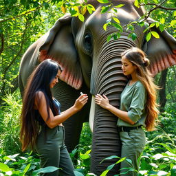 A beautiful young woman gently applies medicine to a large elephant's leg, showcasing a nurturing interaction between human and animal