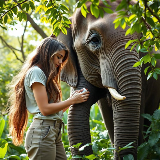 A beautiful young woman gently applies medicine to a large elephant's leg, showcasing a nurturing interaction between human and animal