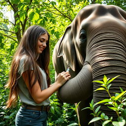 A beautiful young woman gently applies medicine to a large elephant's leg, showcasing a nurturing interaction between human and animal