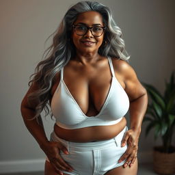 A sensual and voluptuous dusky Indian woman in her 50s, confidently showcasing her beauty