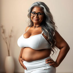 A sensual and voluptuous dusky Indian woman in her 50s, confidently showcasing her beauty