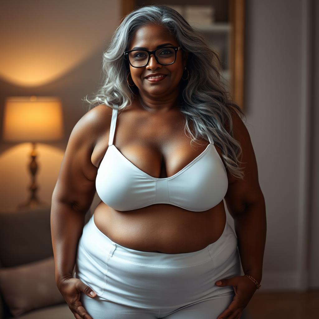 A sensual and voluptuous dusky Indian woman in her 50s, confidently showcasing her beauty