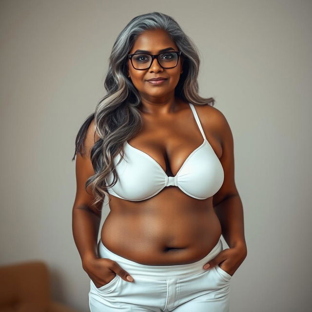 A sensual and voluptuous dusky Indian woman in her 50s, confidently showcasing her beauty