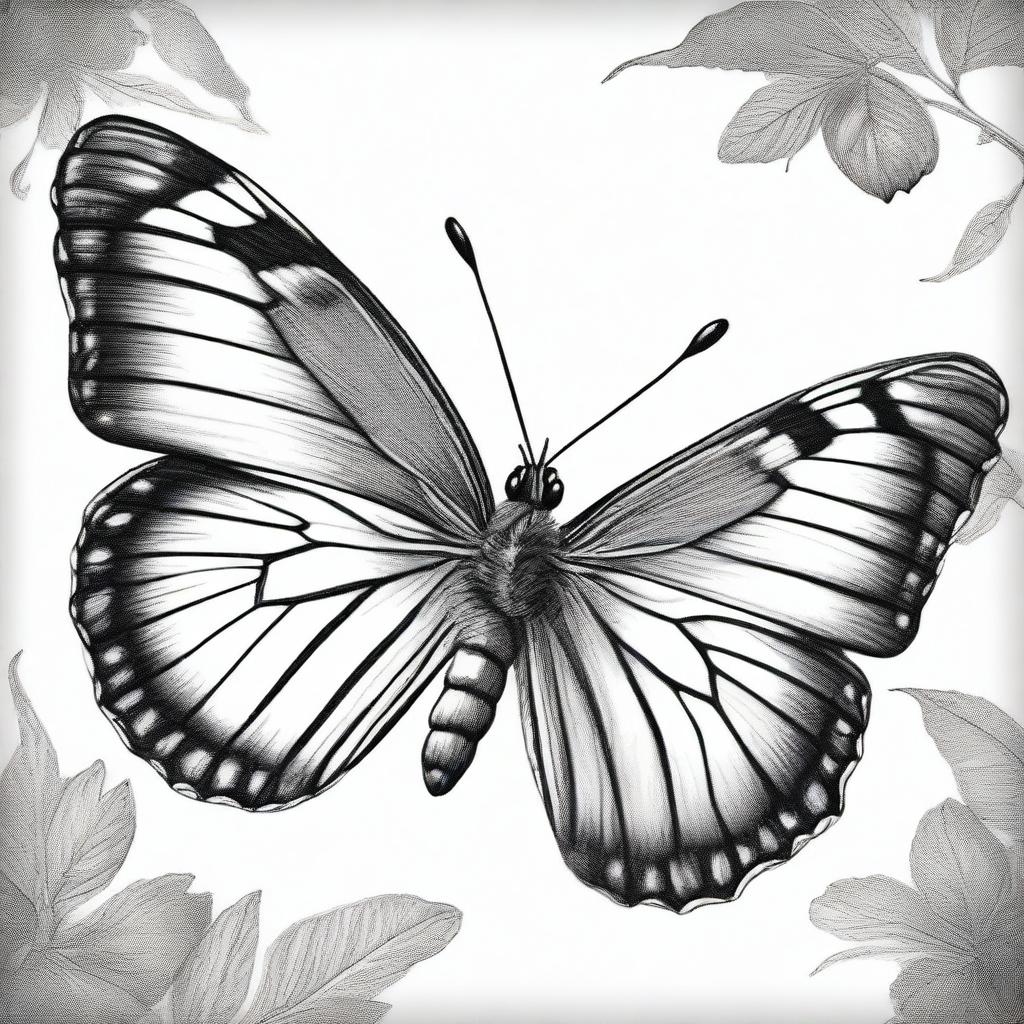 A unique graphite pencil drawing in black and white, illustrating the beauty of butterflies