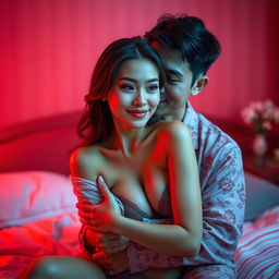 An intimate scene featuring a charming Chinese man in soft, colorful pajamas hugging a sexy and beautiful woman in a warmly lit red bedroom