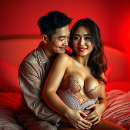 An intimate scene featuring a charming Chinese man in soft, colorful pajamas hugging a sexy and beautiful woman in a warmly lit red bedroom