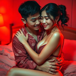 An intimate scene featuring a charming Chinese man in soft, colorful pajamas hugging a sexy and beautiful woman in a warmly lit red bedroom