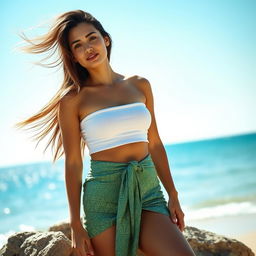A woman standing on a beach with a serene sea background and a bright blue sky