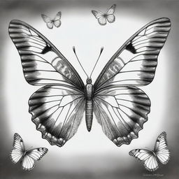 An alternate graphite pencil drawing in black and white, depicting the elegance of butterflies