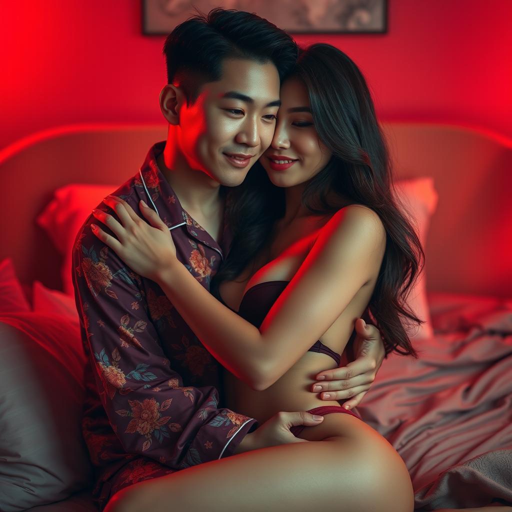 An intimate and warm scene depicting a Chinese man in colorful, comfortable pajamas tenderly hugging a sexy and beautiful woman in a softly lit red bedroom