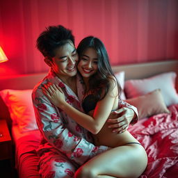 An intimate and warm scene depicting a Chinese man in colorful, comfortable pajamas tenderly hugging a sexy and beautiful woman in a softly lit red bedroom
