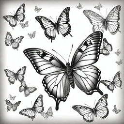 An alternate graphite pencil drawing in black and white, depicting the elegance of butterflies