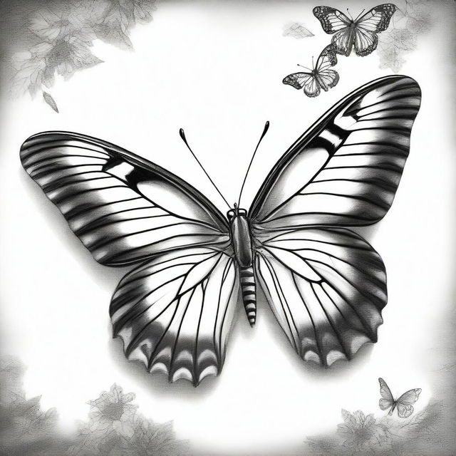 An alternate graphite pencil drawing in black and white, depicting the elegance of butterflies