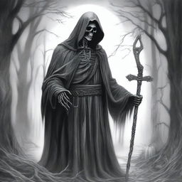 A striking pencil drawing of the Grim Reaper, shrouded in mystery and menace