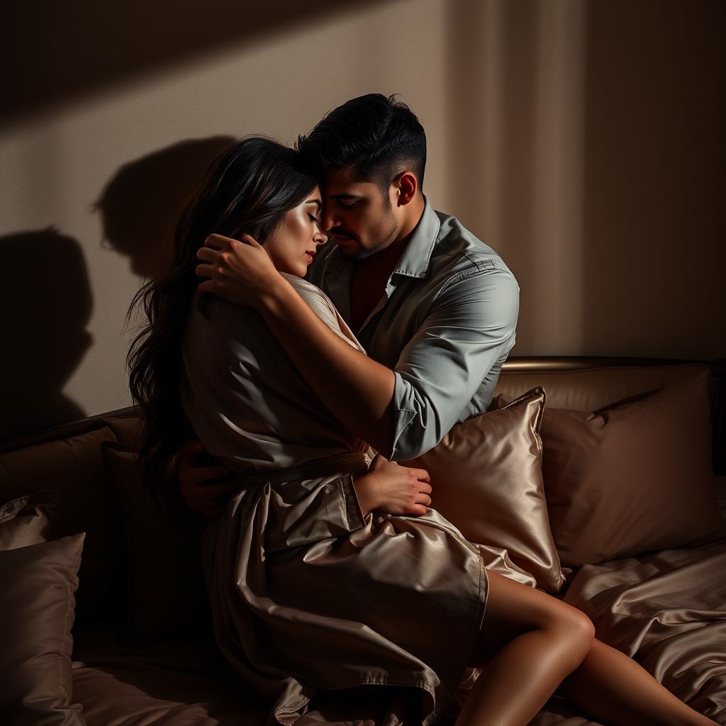 A dramatic and intimate scene depicting a forbidden affair between two lovers