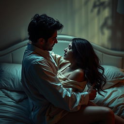 A dramatic and intimate scene depicting a forbidden affair between two lovers