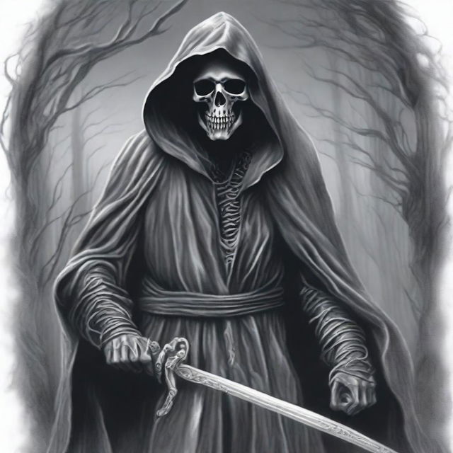 A striking pencil drawing of the Grim Reaper, shrouded in mystery and menace