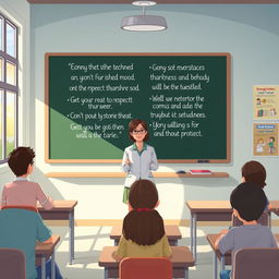 A thoughtful and serene illustration featuring a calm classroom setting