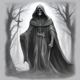 A striking pencil drawing of the Grim Reaper, shrouded in mystery and menace