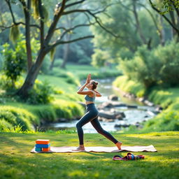 A serene yoga scene featuring a tranquil outdoor setting with a person practicing yoga on a yoga mat