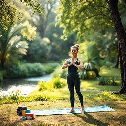A serene yoga scene featuring a tranquil outdoor setting with a person practicing yoga on a yoga mat