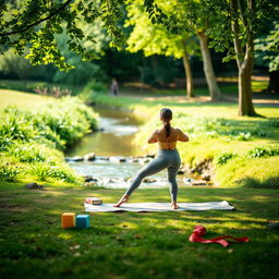 A serene yoga scene featuring a tranquil outdoor setting with a person practicing yoga on a yoga mat