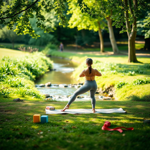 A serene yoga scene featuring a tranquil outdoor setting with a person practicing yoga on a yoga mat