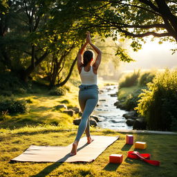 A serene yoga scene featuring a tranquil outdoor setting with a person practicing yoga on a yoga mat