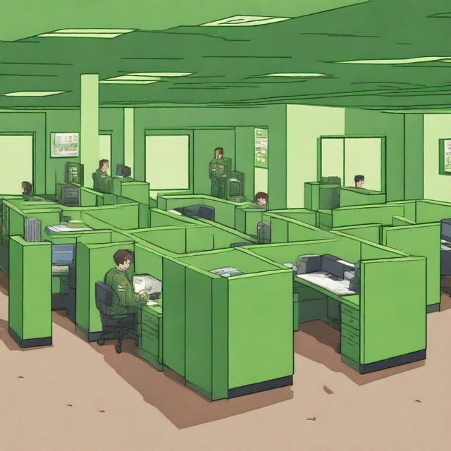 An 8-bit pixel art image depicting two rows of bright green office cubicles, reminiscent of a U