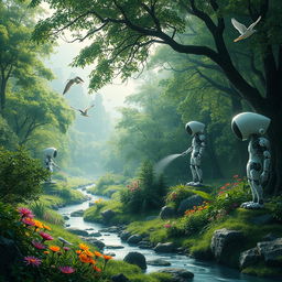 A breathtaking landscape where nature intertwines beautifully with advanced robotics