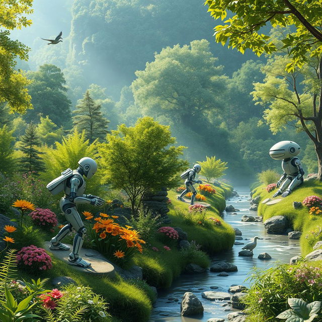 A breathtaking landscape where nature intertwines beautifully with advanced robotics