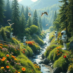 A breathtaking landscape where nature intertwines beautifully with advanced robotics