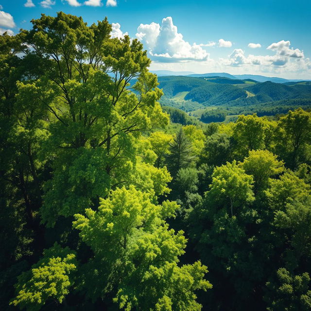 A breathtaking aerial view of a lush green forest taken from a drone, showcasing the intricate patterns and textures of the trees, with sunlight filtering through the leaves, casting beautiful shadows on the forest floor