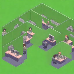 An 8-bit pixel art image depicting two rows of bright green office cubicles, reminiscent of a U