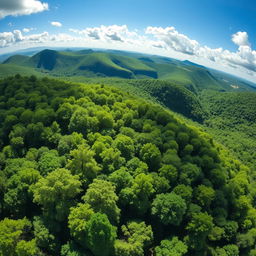 A breathtaking aerial view of a lush green forest taken from a drone, showcasing the intricate patterns and textures of the trees, with sunlight filtering through the leaves, casting beautiful shadows on the forest floor