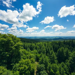 A breathtaking aerial view of a lush green forest taken from a drone, showcasing the intricate patterns and textures of the trees, with sunlight filtering through the leaves, casting beautiful shadows on the forest floor