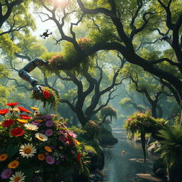 A stunning fusion of nature and robotics, showcasing a vibrant forest scene where trees are intertwined with futuristic robotic elements