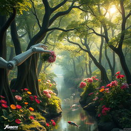 A stunning fusion of nature and robotics, showcasing a vibrant forest scene where trees are intertwined with futuristic robotic elements