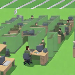 An 8-bit pixel art image depicting two rows of bright green office cubicles, reminiscent of a U