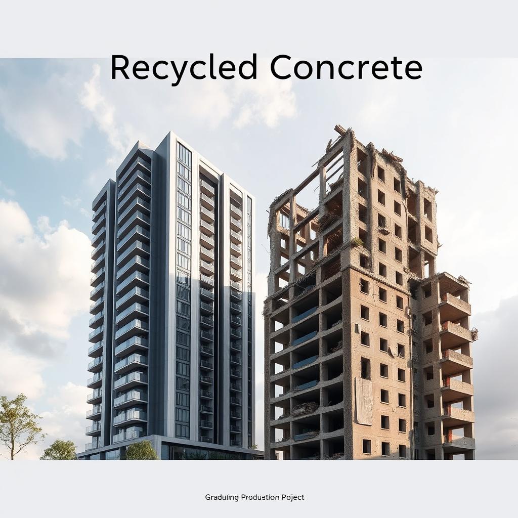 A stunning project cover design for a graduation project titled 'Recycled Concrete', featuring a modern residential tower seamlessly integrated with a demolished tower next to it