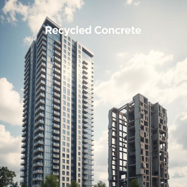 A stunning project cover design for a graduation project titled 'Recycled Concrete', featuring a modern residential tower seamlessly integrated with a demolished tower next to it