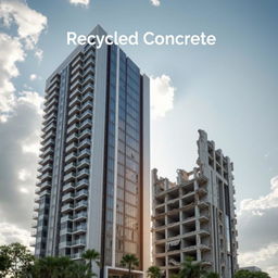 A stunning project cover design for a graduation project titled 'Recycled Concrete', featuring a modern residential tower seamlessly integrated with a demolished tower next to it