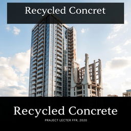 A stunning project cover design for a graduation project titled 'Recycled Concrete', featuring a modern residential tower seamlessly integrated with a demolished tower next to it